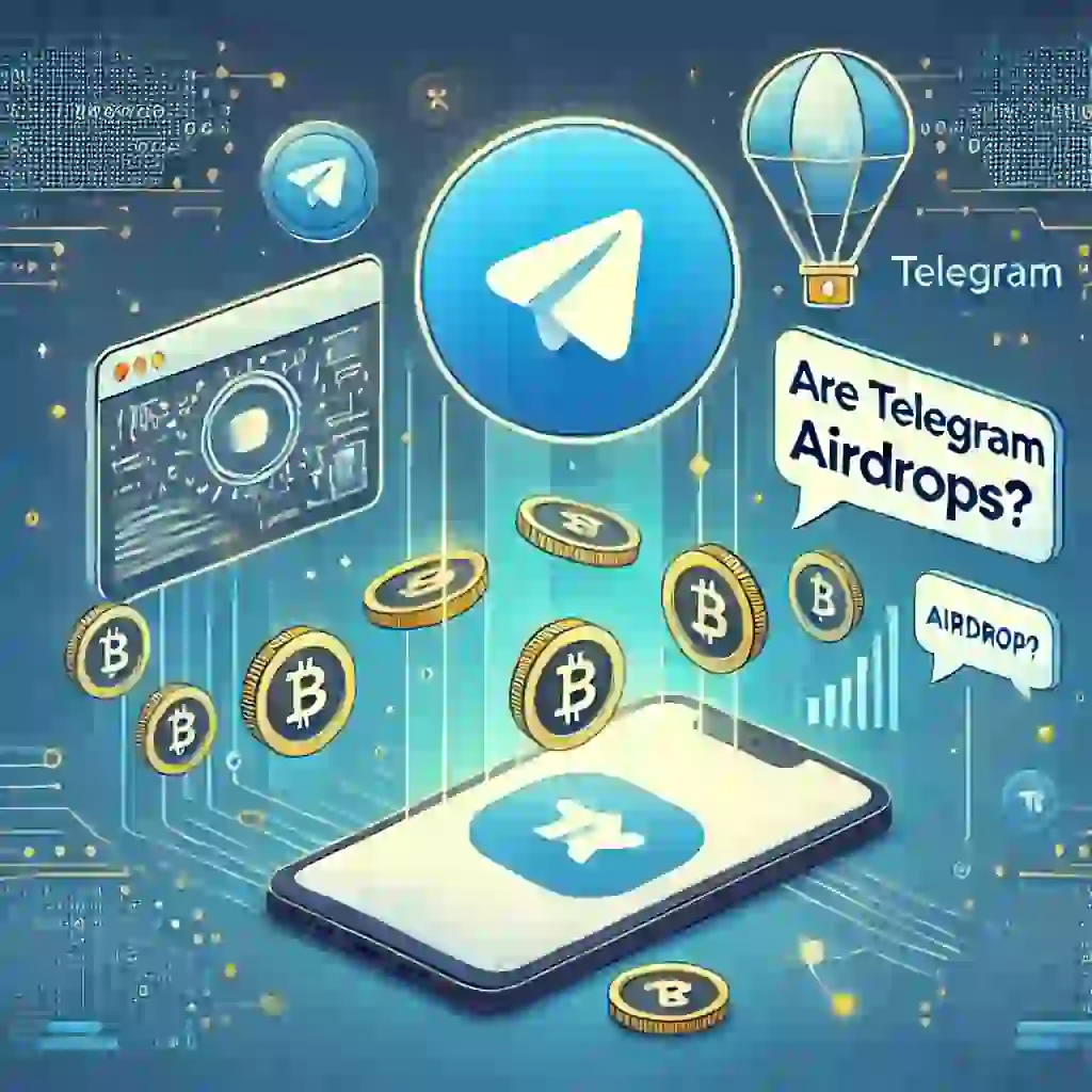 تصویری از نمادهای ارز دیجیتال و لوگوی تلگرام که مفهوم ایردراپهای تلگرامی را نمایش میدهد. 