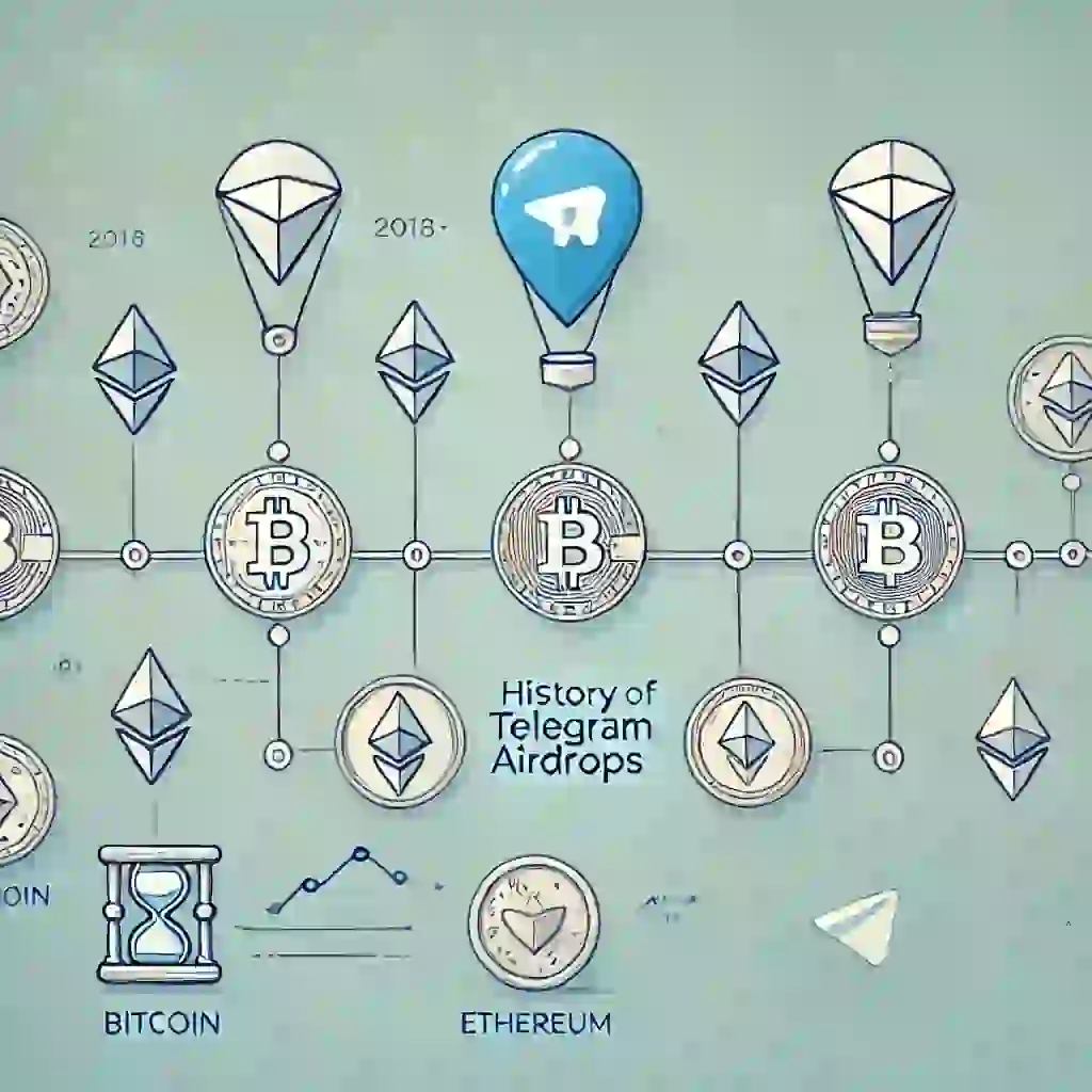 تاریخچه ایردراپهای تلگرامی تایملاین ساده با نمادهای بیتکوین، اتریوم و تلگرام که تاریخچه ایردراپهای تلگرامی را نشان میدهد.